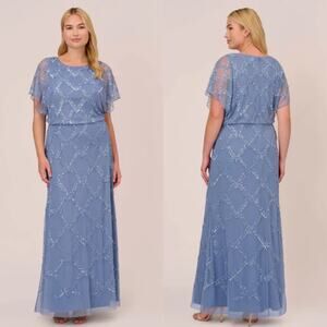 Adrianna Papell Sz 14 French Blue Beaded Blouson Flutter Sleeve Cocktail Gown